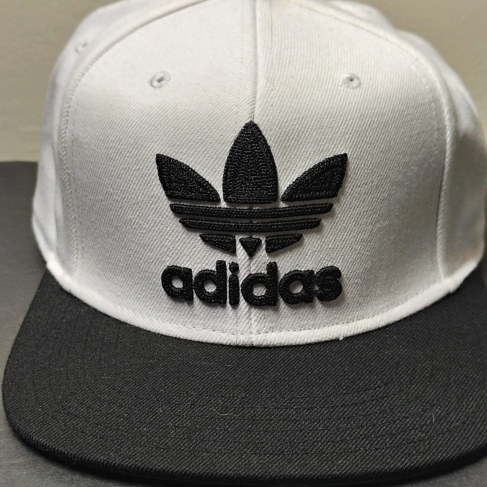Adidas Hat Cap Snapback White Black Trefoil Spellout Logo Flat Brim Adjustable